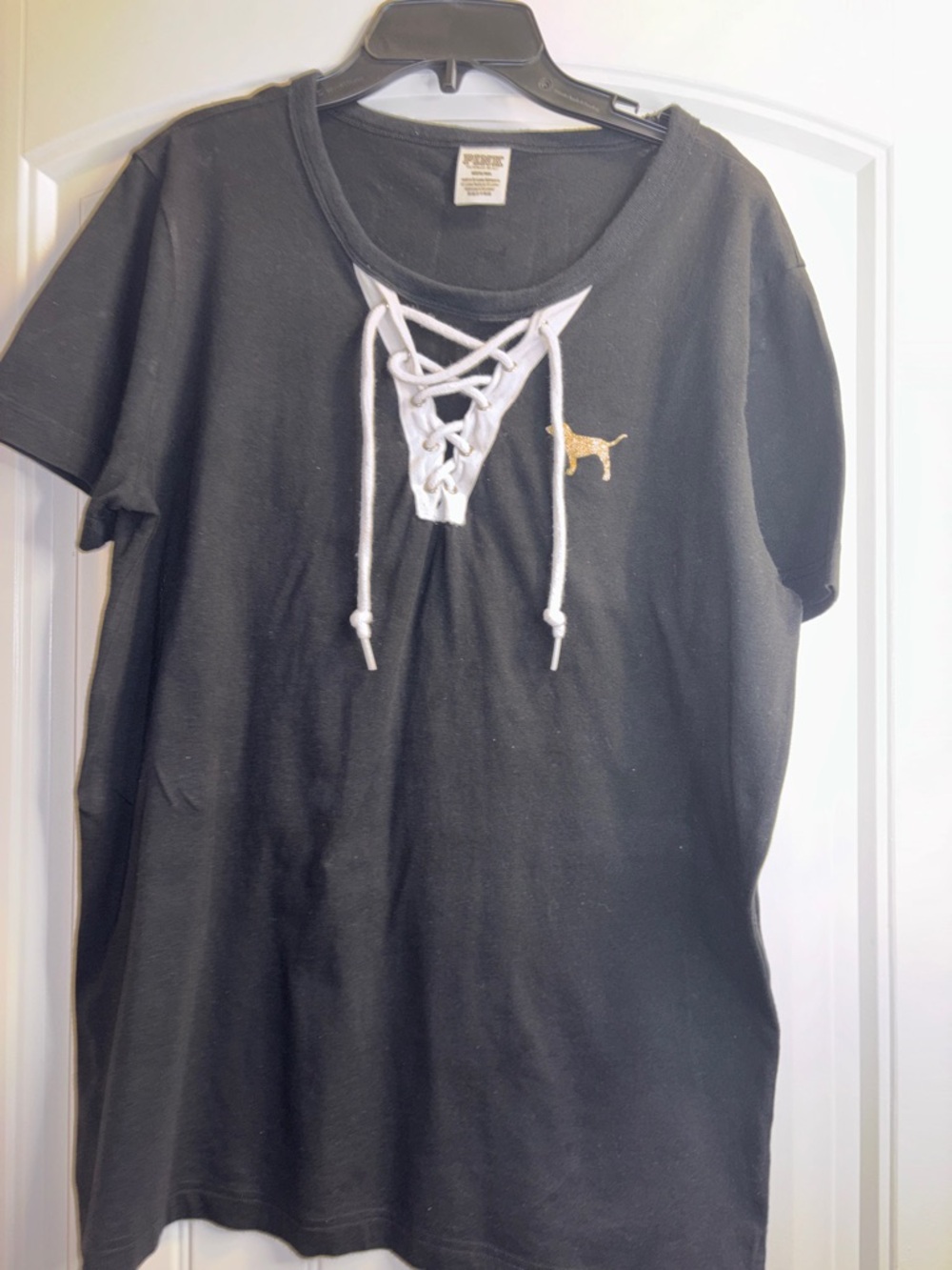 PINK Victoria's Secret Black Lace-Up Short Sleeve Tee with Gold Dog Logo